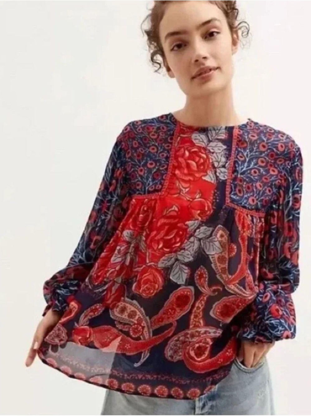 Blank London Anthropology Red & Navy Floral Paisley Peasant Top. Size S